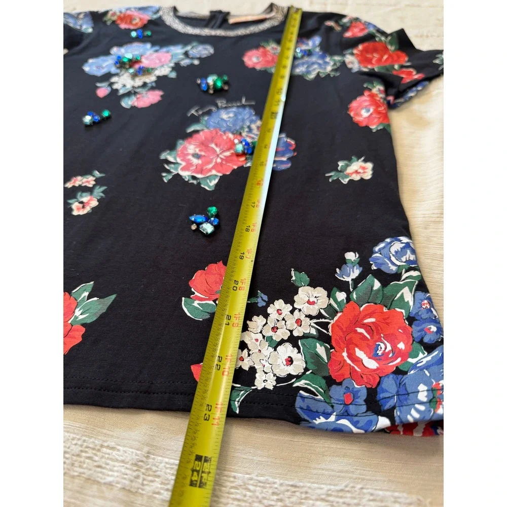Tory Burch Women's Medium Navy Tea Rose Floral Embellished T-Shirt